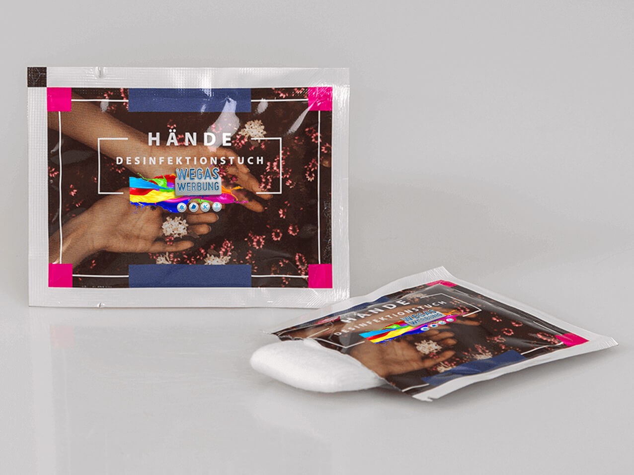 Desinfektionstuch Hand feucht, 14 x 7 cm bedruckt Desinfektionstuch Hand feucht, 14 x 7 cm bedruckt