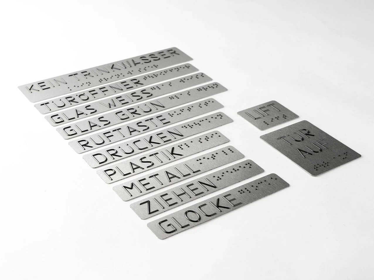 Edelstahlschild-taktil-Chromstahlschild-Brailleschrift-Prismenschrift-viele-Motive