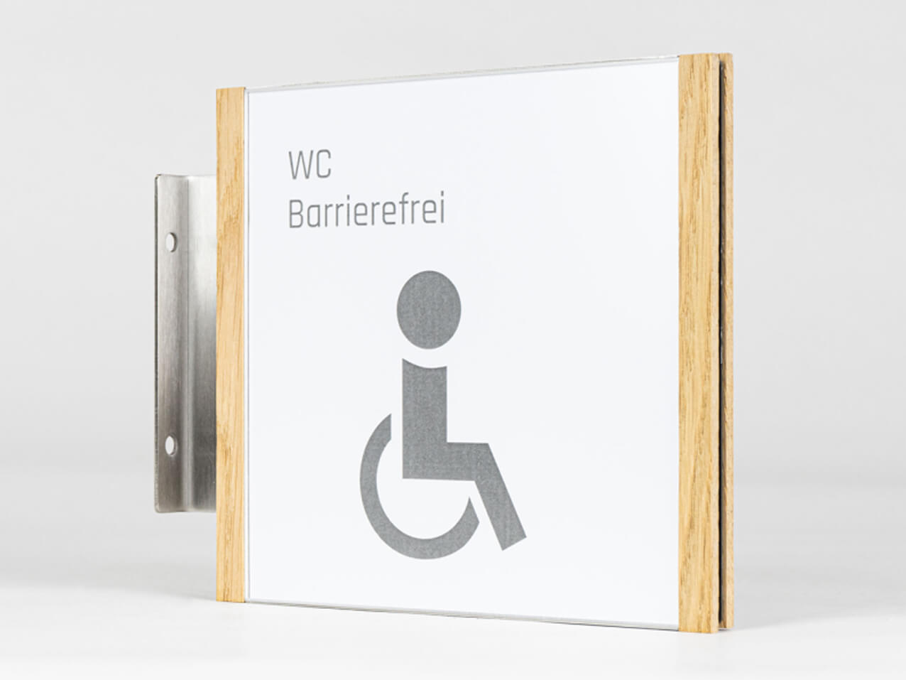 Fahnenschild-Holz-Wood-Edelstahl-Winkelhalterung-Wandschild