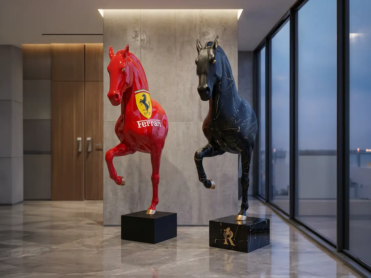 3-D-XXL-Pferdefigur-Bueste-Sockel-Ferrari-rotes-Pferd