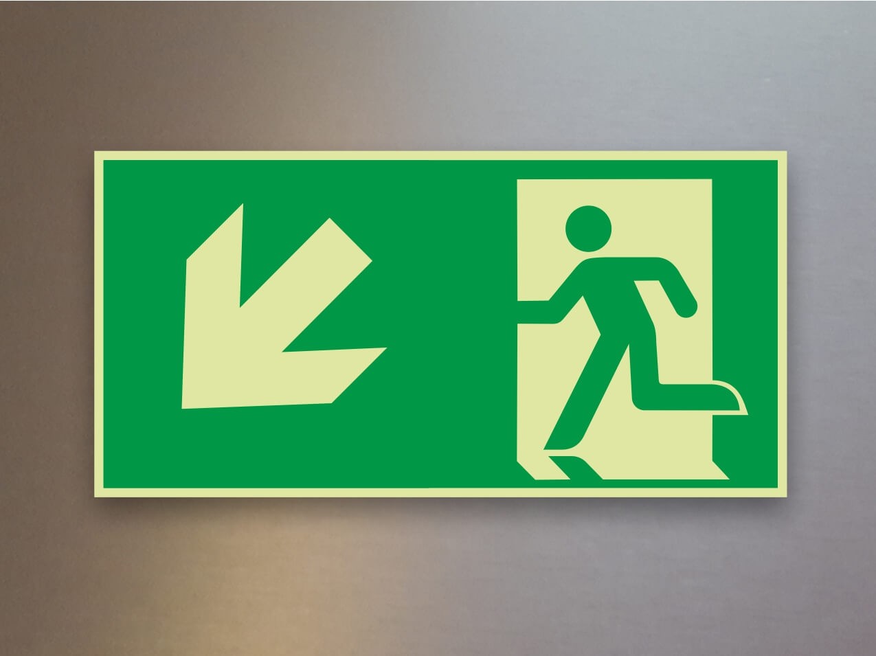 Rettungszeichen Rettungsweg Pfeil links unten E001-LU-45° Alu Rettungszeichen Rettungsweg Pfeil links unten E001-LU-45° Alu
