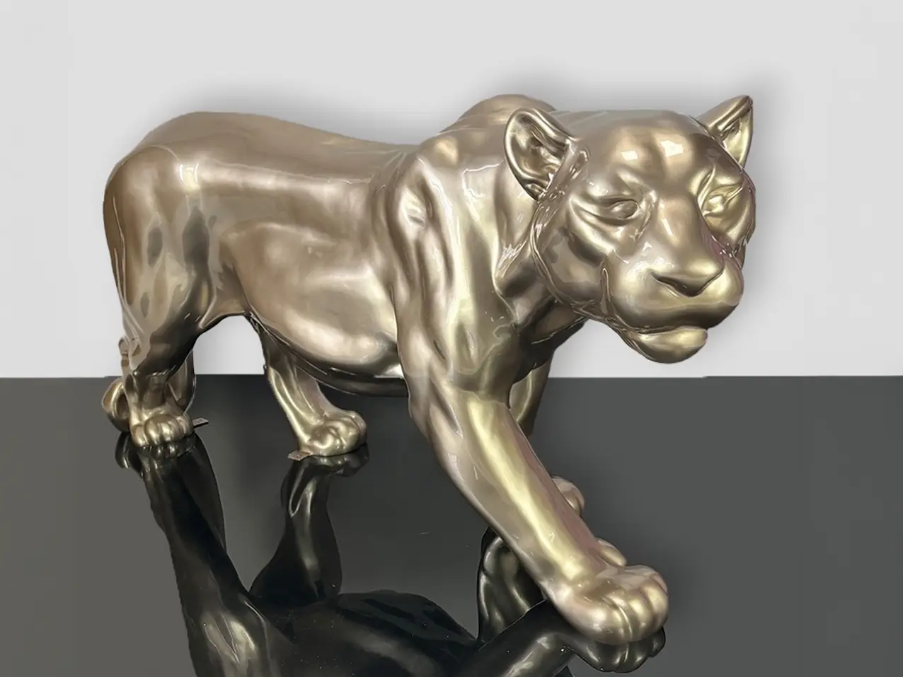 3D-XL-lebensgrosse-Tierfigur-Wildtier-Panther-gold-metallisch-160x72cm