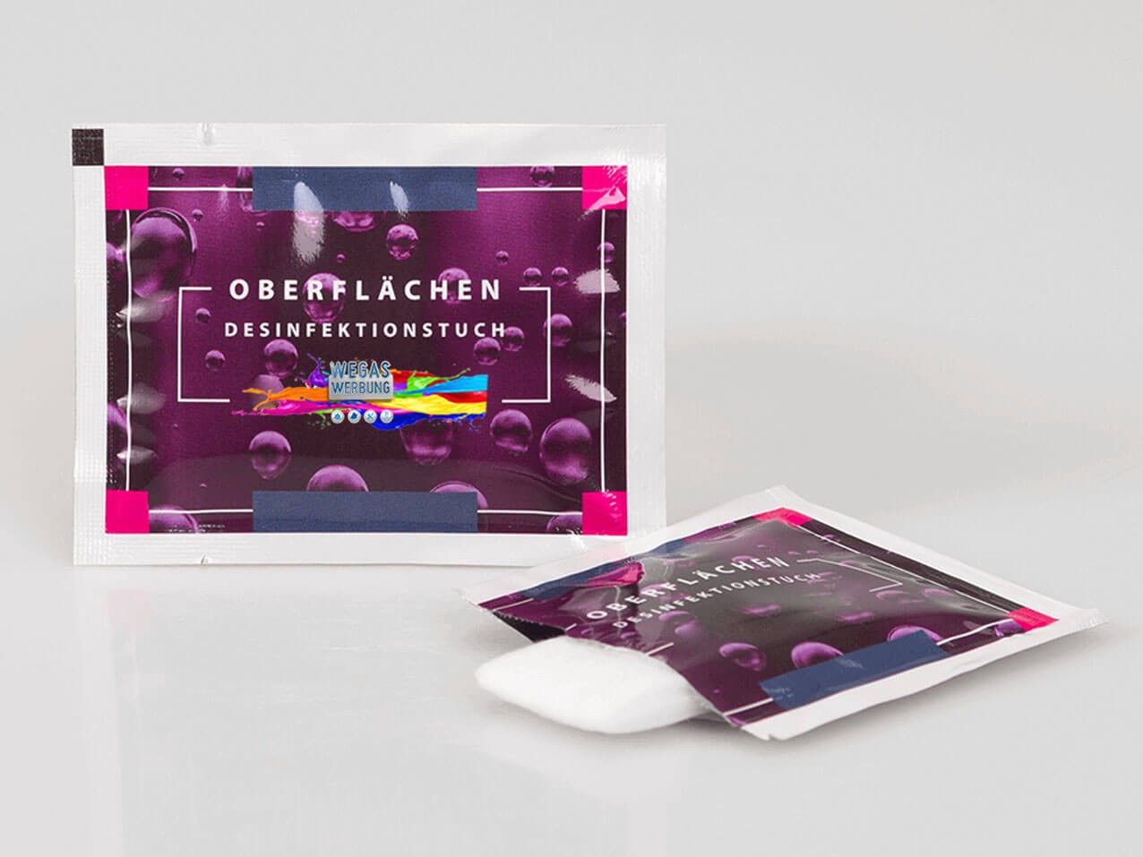 Oberflächenreinigungstücher feucht, 14 x 7 cm bedruckt Oberflächenreinigungstücher feucht, 14 x 7 cm bedruckt