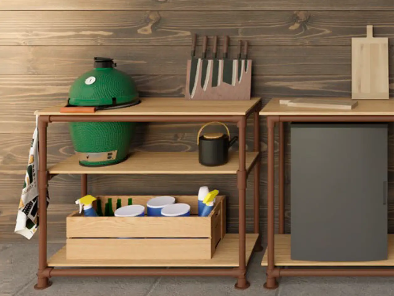 Regale-Tische-Garderobe-Gelaender-Stahlrohre-braun-vintage