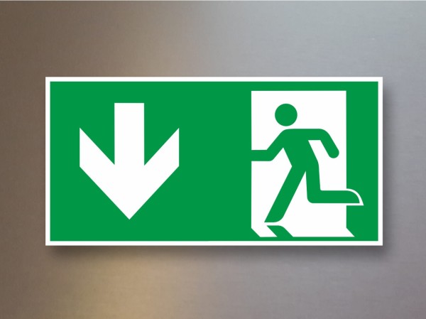 Rettungszeichen Rettungsweg Pfeil links unten E001-LU weiß